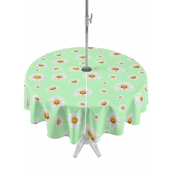 Outdoor Tablecloths with Umbrella Hole & Zipper, Spring Floral Daisy Round Tablecloths 60 Inch, Sage Green Elegant Pastoral Flowers Waterproof Table Cloth, Patio/Pool/Picnic Table Covers