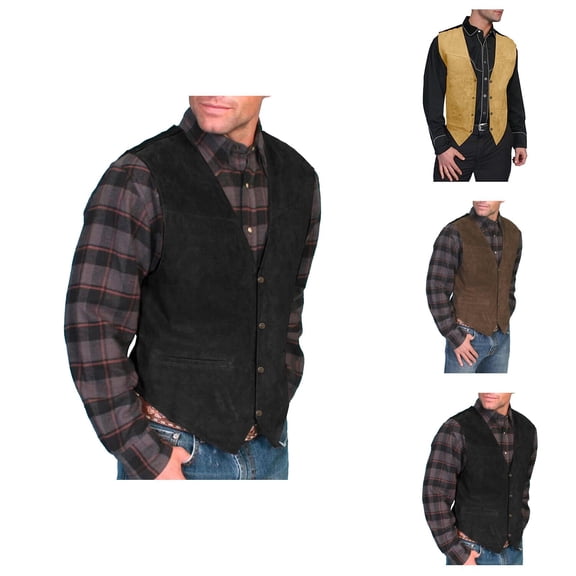 Western Cowboy Vest for Men Sleeveless Button Down V Neck Loose Casual Vintage Suede Vest Jacket