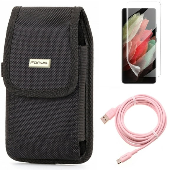 Case Belt Clip & Matte Screen Protector & 10ft Long USB-C Cable for Samsung Galaxy S21 Ultra Phone - Swivel Holster & TPU Film Anti-Glare & Pink Charger Cord Accessory Bundle