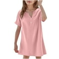 thumbnail image 2 of Mqqzkk Girls Dress Summer Casual Shirt Dress V Neck Button Up Short Sleeve Loose Mini Dresses 5-14 Years Old, 2 of 5