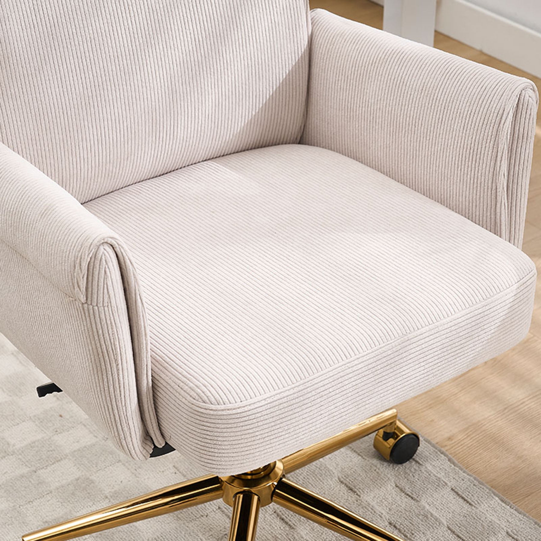 S-HOME Ergonomic Mid-Back Liftable Office Chair in Striped Fabric with Golden Base and Memory Foam Cushion , White