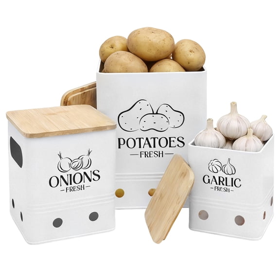 Grusce 3 Pack Potato and Onion Storage Bin, Stackable Garlic Keeper with Aerating Holes and Lid, Plastic Vegetable Container Box for Pantry Countertop