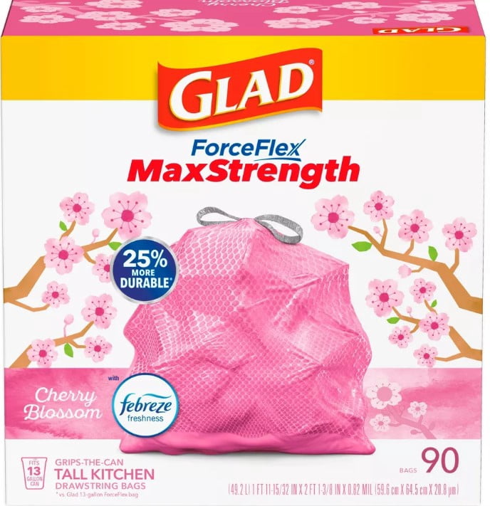 Glad ForceFlex MaxStrength Tall Kitchen Drawstring Pink Trash Bags - Cherry Blossom - 13 Gallon Count 90ct