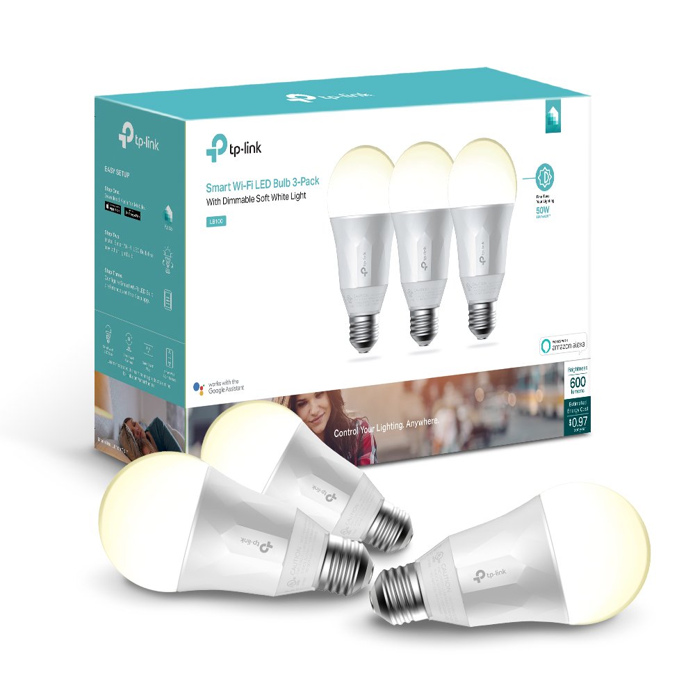 TPLink LB100 A19 Smart Light Bulb, 50W Dimmable White LED, 3Pack