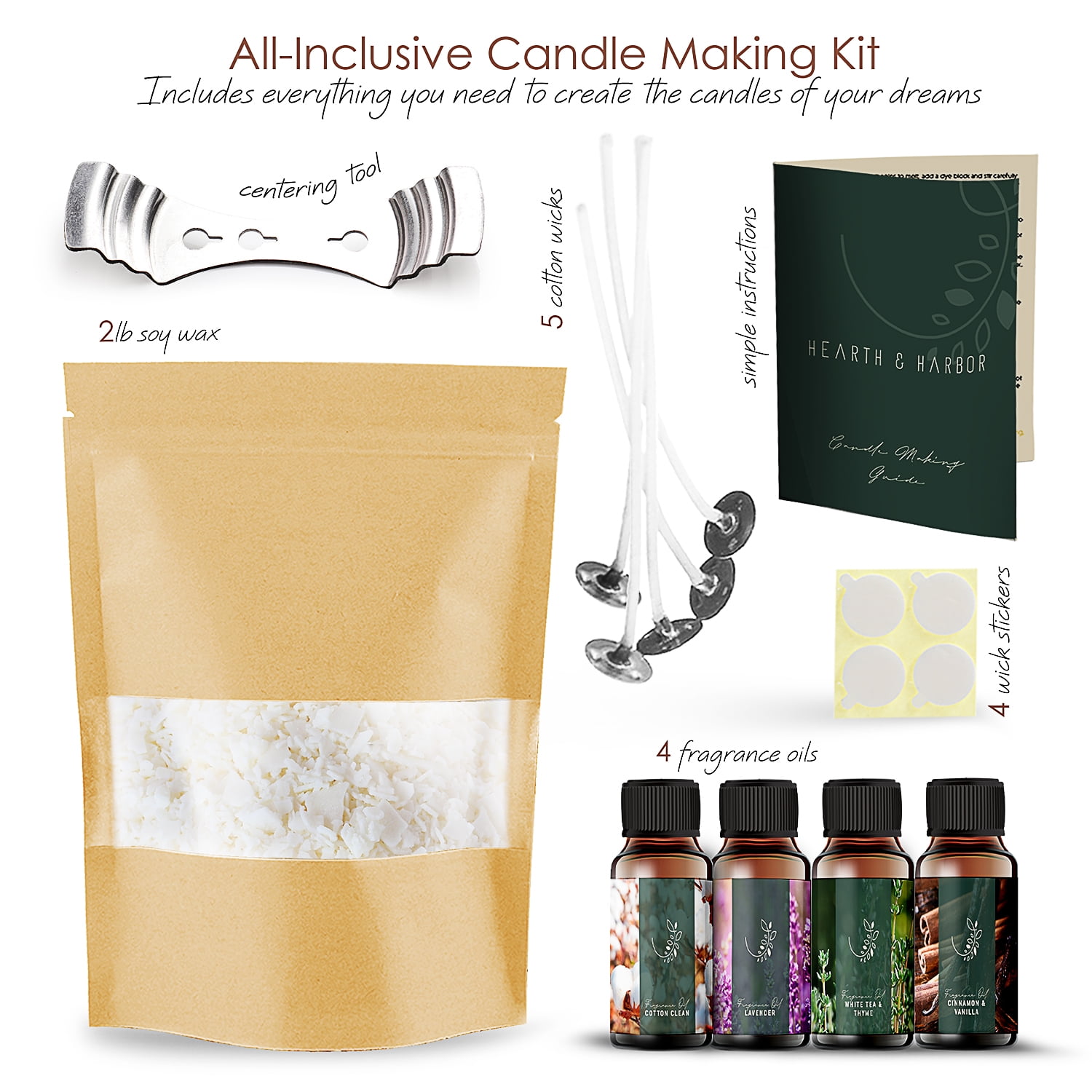 Hearth & Harbor Soy Candle Making Kit - Mini Supply Kit - Candle Wax for Candle Making - 2lbs Natural Soy Wax, Fragnance Oil, Cotton Wicks, Metal Centering Tool, and Glue Stickers