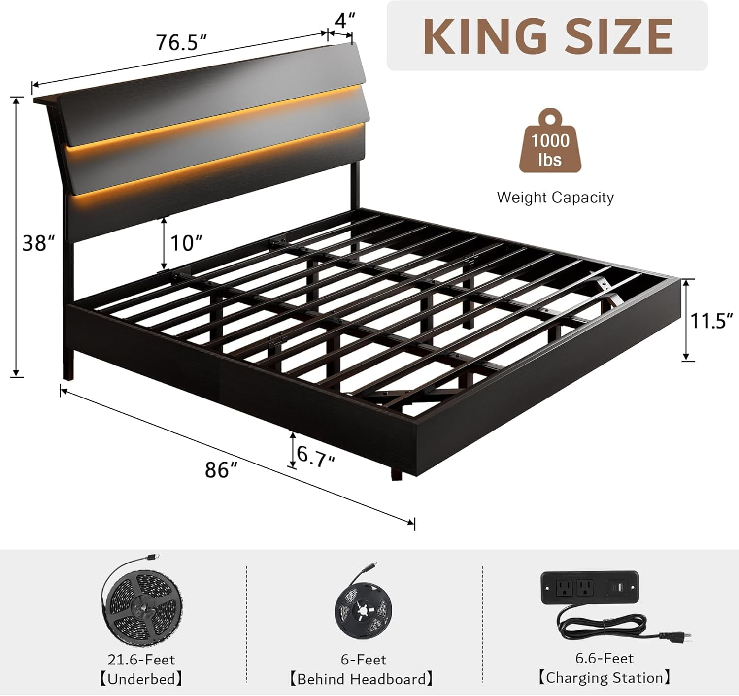 Honfach Floating King Size Bed Frame with LED Lights & Charging Station, Platform Bed with Wooden Storage Headboard, Black.
