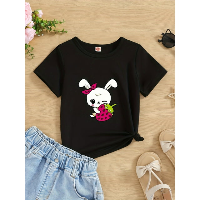 Cute Fashion Simple Strawberry Bunny print girls short-sleeved T-shirt, spring, summer and autumn