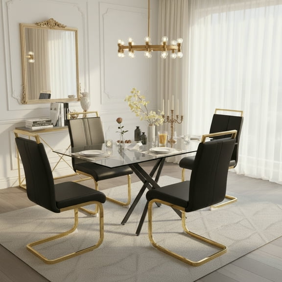 Modern Black PU Leather Dining Chairs with Gold C-Shaped Legs – Set of 4, Water-Resistant & Ergonomic for Kitchen, Dining Room or Home Office