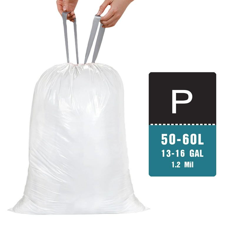 simplehuman Code P Custom Fit Drawstring Trash Bags, 50-60 Liter / 13-16 Gallon, White, 200 Count