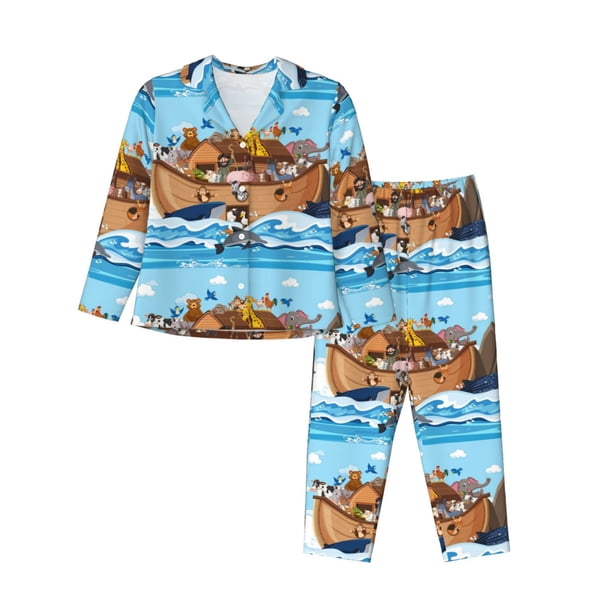 Fotbe Animals on Noah's Ark Floating Conjunto de Pijama de Manga Larga para Mujer con Estampado, Ropa de Dormir de 2 Piezas, Conjunto de Casa Suave y Cómodo con Bolsillos-Small