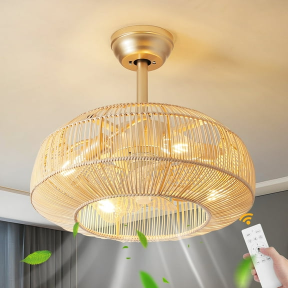 20" Boho Caged Ceiling Fan, Handmade Woven Wicker Farmhouse Rustic Chandeliers with Lights and Remote Control, Enclosed 6 Speeds for Bedroom, Living Room, Kitchen