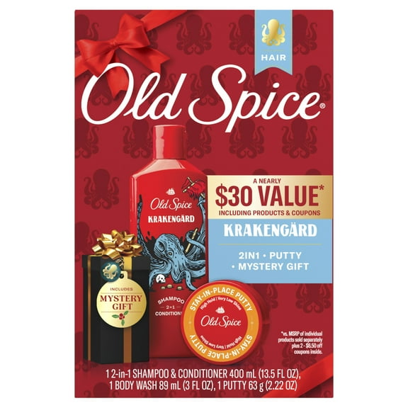 Old Spice Holiday Pack With Krakengard 2in1 Shampoo and Conditioner, Putty Styler, & Body Wash Travel Size