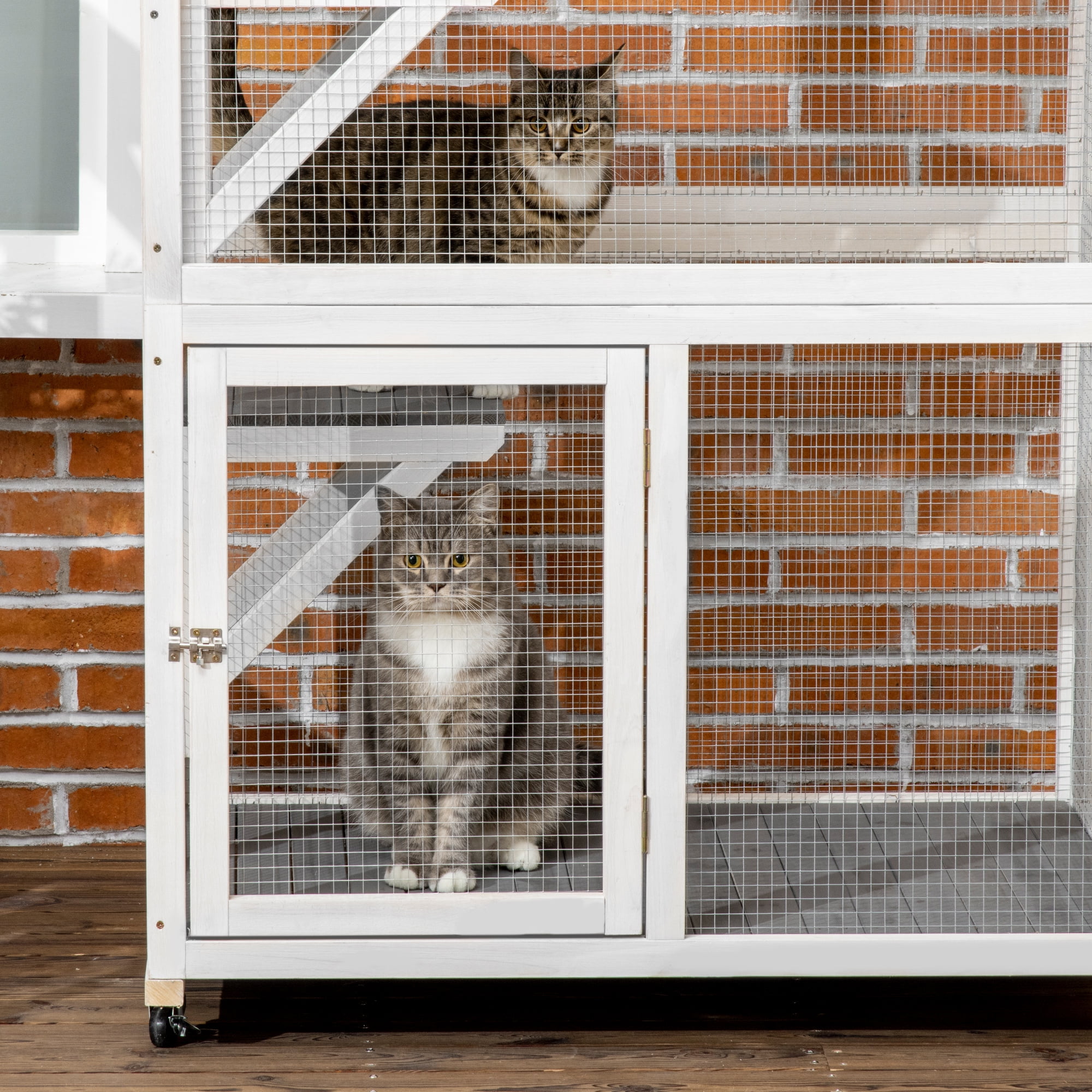 CoSoTower 74" Wooden Outdoor Cat House Weatherproof & Wheeled, Catio Outdoor Cat Enclosure with High Weight Capacity, Kitten Cage Condo, Gray