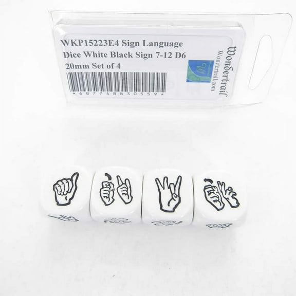 Sign Language Dice White Opaque with Black Sign For 7-12 D6 20mm (25/32in) Set of 4 Wondertrail