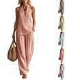 thumbnail image 2 of Women's Summer 2 Piece Pant Set Cotton Striped Halter Vest Top Wide Leg Straight Trousers Casual Vacation Outfits,Pink L, 2 of 7