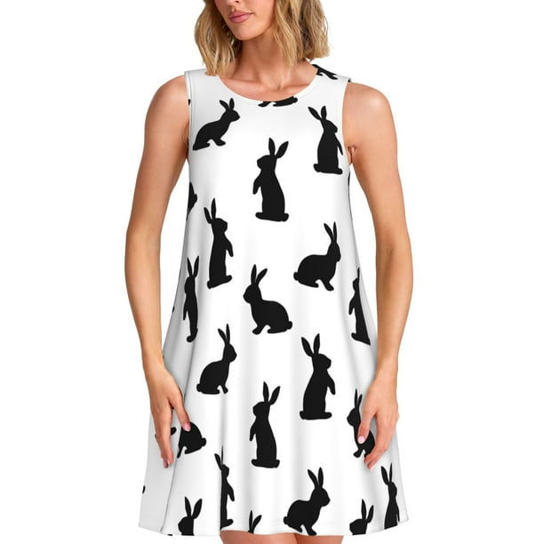 Fotbe Black Rabbit Vestido de Verano sin Mangas para Mujer – Vestido Midi Línea A, Estilo Camiseta Floral, Vestido Playero Casual y Fluido