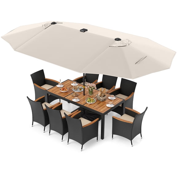 Gymax Set Of 11 Patio Dining Set w/ 15ft Double-Sided Patio Umbrella (Base Included) Beige