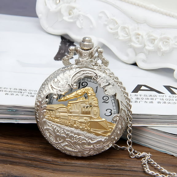 DESIGNICE Vintage Bronze Steam Train Men's Kids Quartz Pocket Watch with Chain