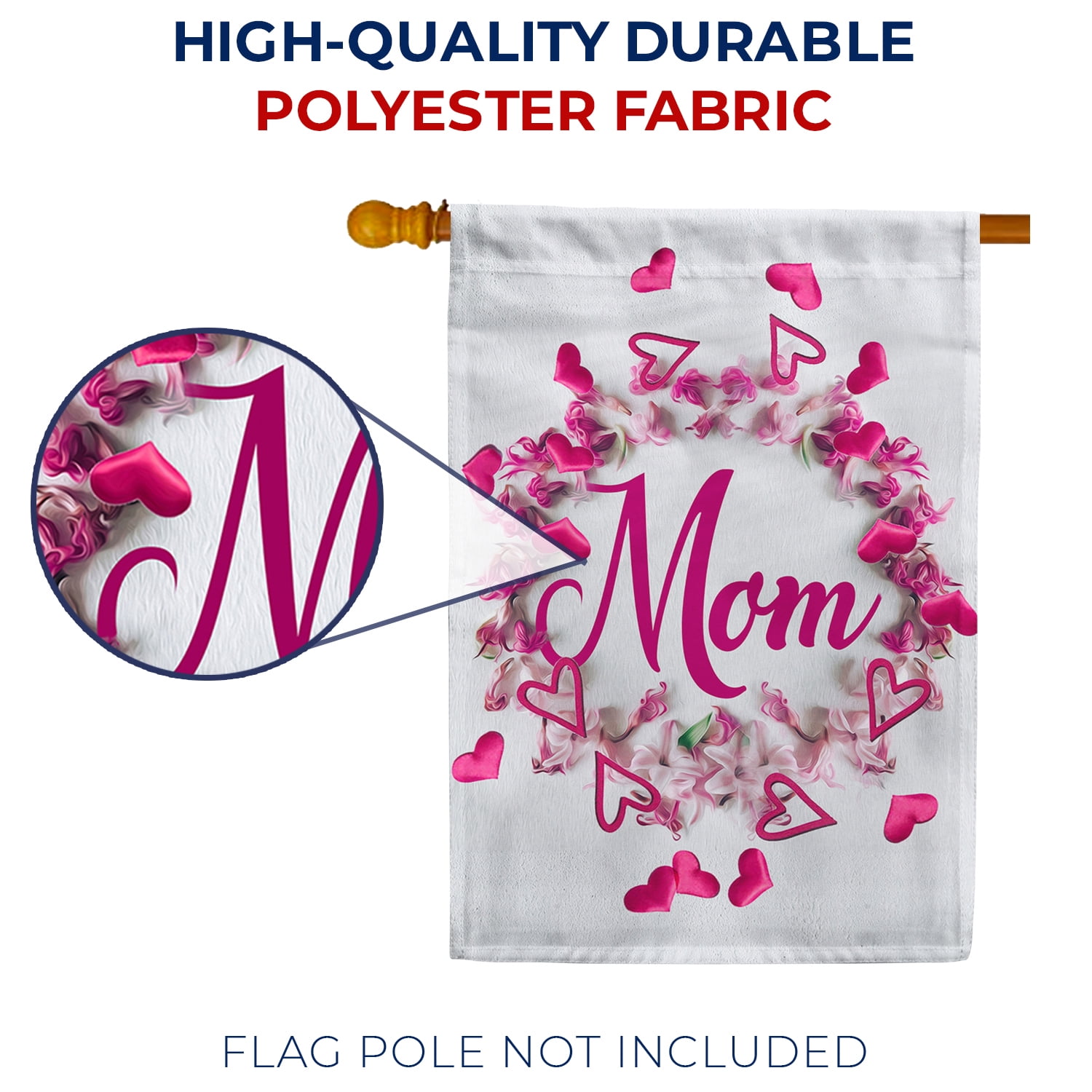 America Forever Happy Mother's Day Floral House Flag 28 x 40 inches Hearts Double Sided Holiday Seasonal Yard Outdoor Decorative Pink Flower Wreath Love You Mom Flag