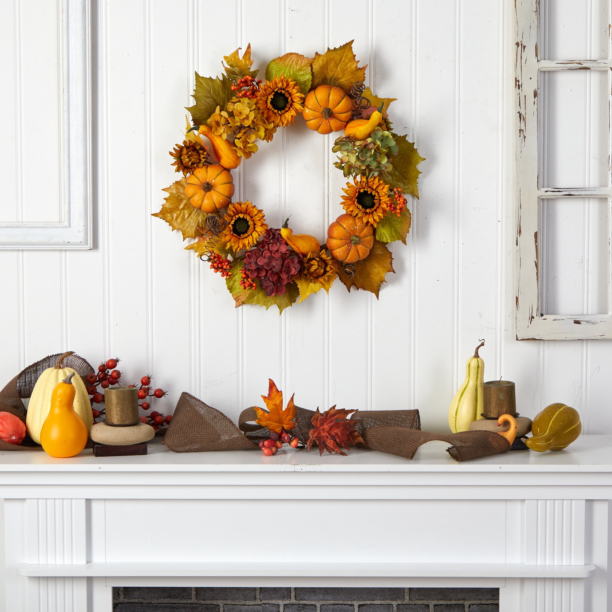 Nearly Natural Plastic Hydrangea Artificial Fall Wreath, with Pumpkins and Sunflower, 22" (Multicolor)