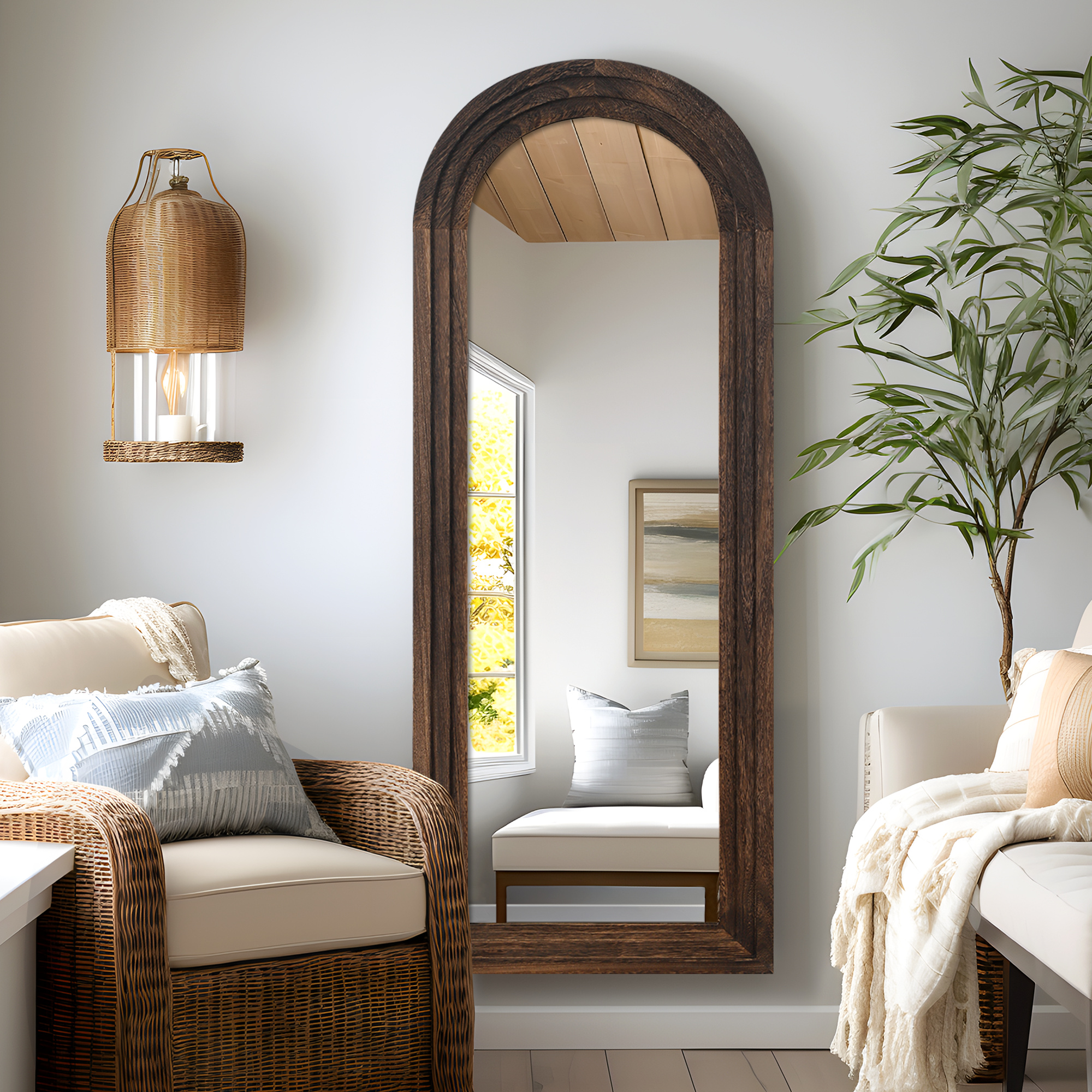 64"x21" Wood Ladder Arched Floor Mirror Full Length Mirror,Charcoal