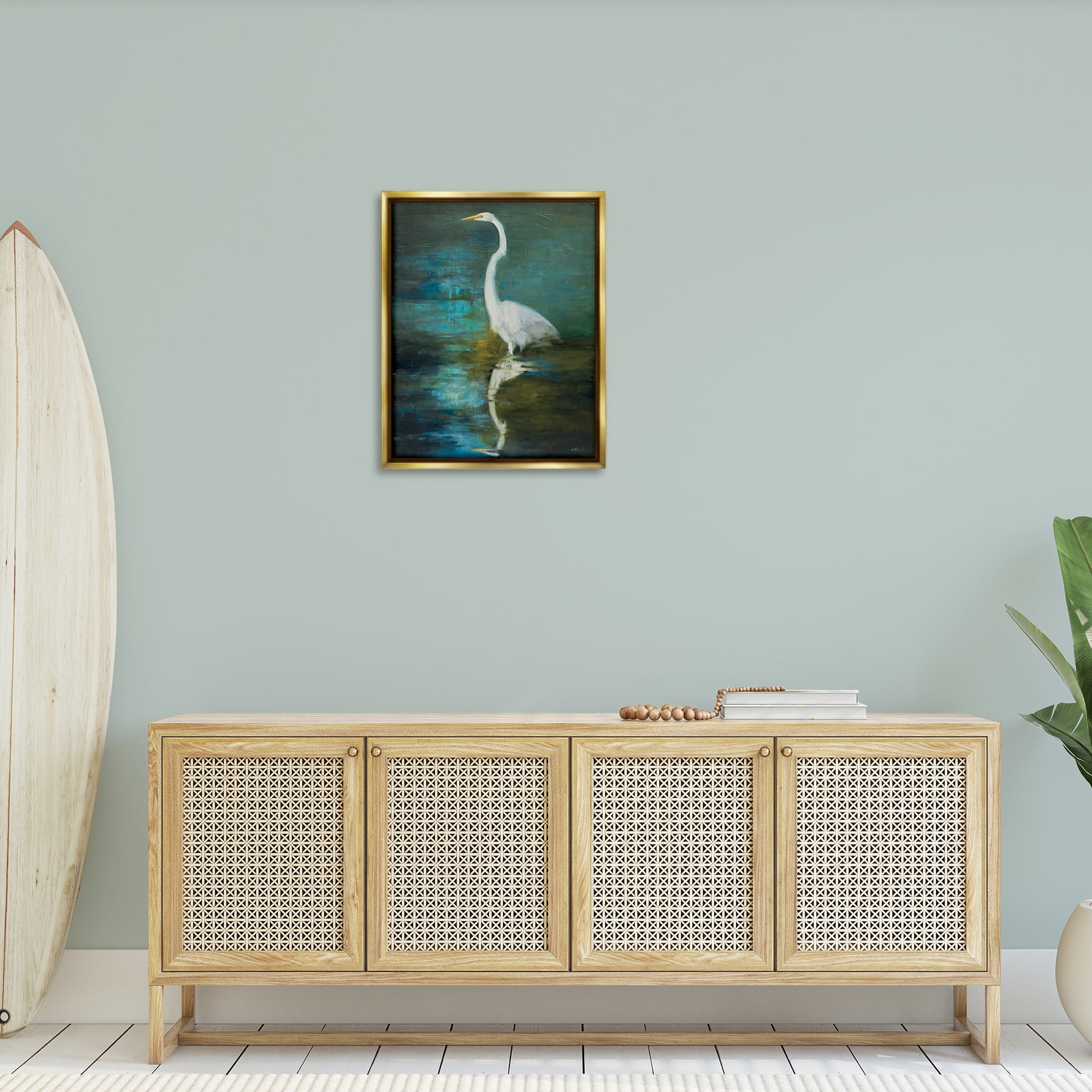 Stupell Industries Nautical Bird Lake Reflection Animals & Insects Painting Gold Floater Framed Canvas Art Print Wall Art, 25 x 31