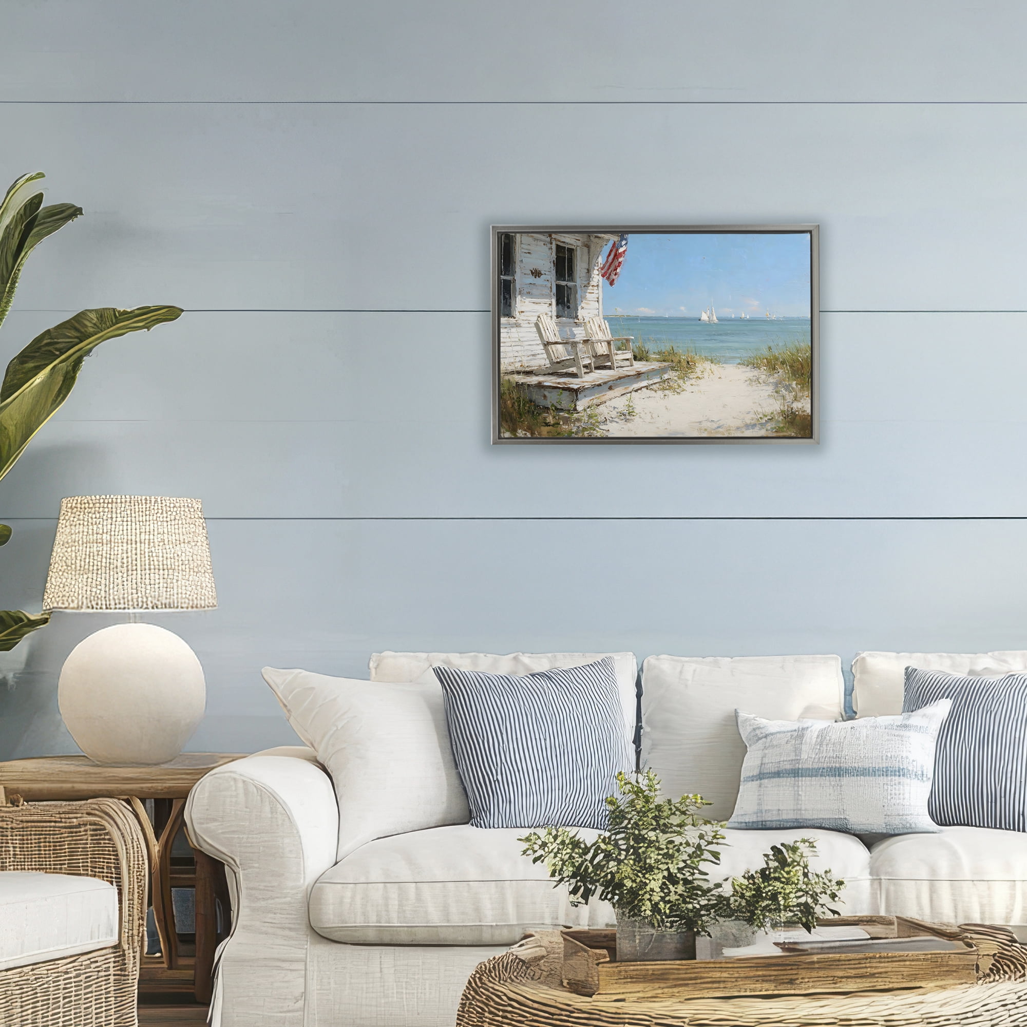 Stupell Industries By The Ocean Cottage Retreat Gray Framed Floater Canvas Wall Art, design by Petal Prints Design