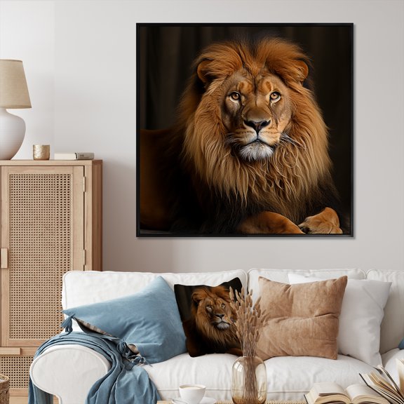 Designart "Royal Black and Golden Lion I" Animals Framed Wall Art - Traditional Black Lion Bedroom Framed Canvas Wall Art