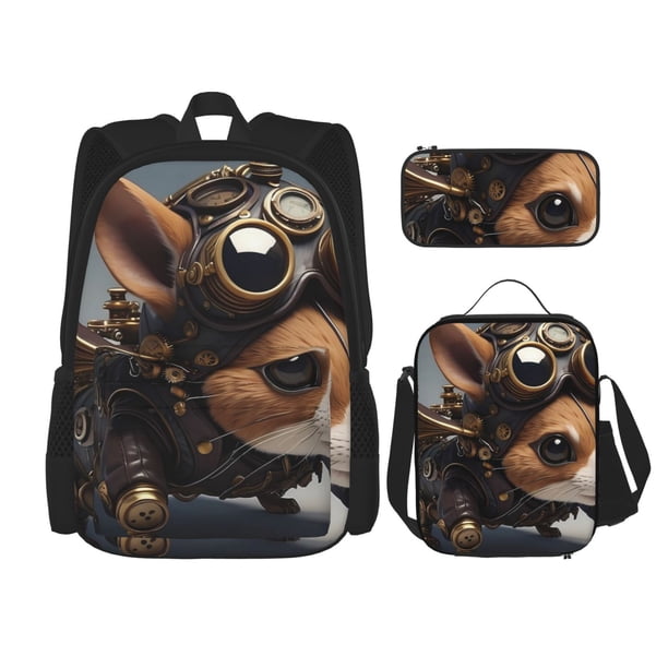 Easygdp Steampunk Squirrel Pilot Mochila para Niños y Niñas con Set de Caja de Almuerzo y Estuche para Lápices 3 en 1, Mochila Escolar Estampada para Adolescentes