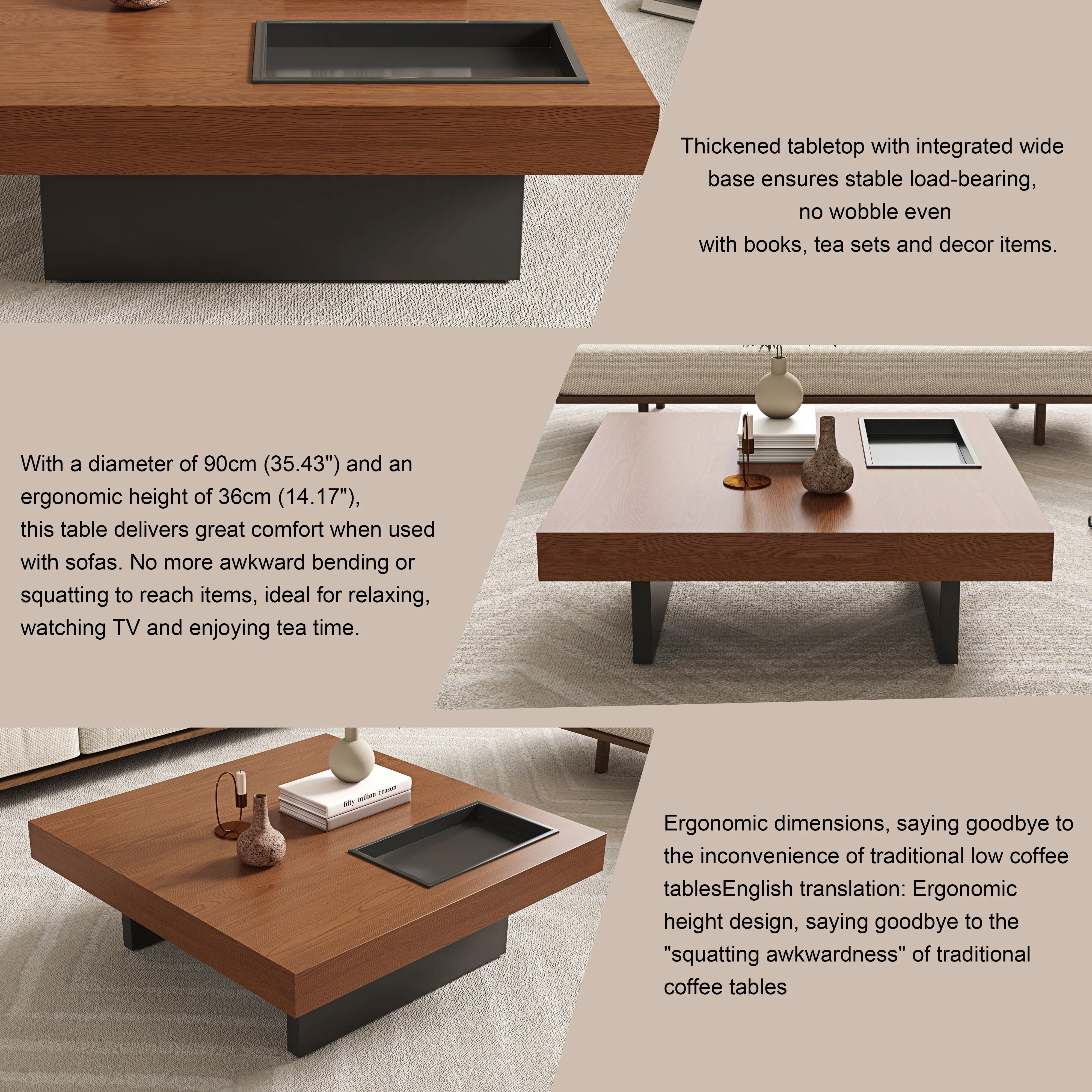 Euroco 35.43" Square Coffee Table with Storage, Mid-Century Modern Wooden Cocktail Table with Recessed Storage Tray for Living Room,Walnut