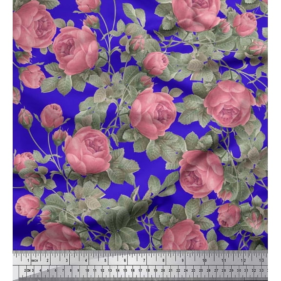 Soimoi Blue Cotton Duck Fabric Leaves & Rose Flower Decor Fabric Printed BTY 42 Inch Wide
