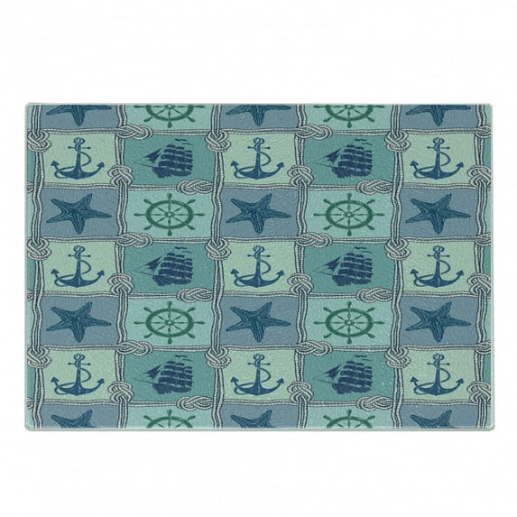 Ships Wheel Cutting Board, Nautical Patchwork Pattern Rope Starfish Sailing Ship Anchor and Helm, Decorative Tempered Glass Cutting and Serving Board, Small Size, Turquoise Navy, by Ambesonne