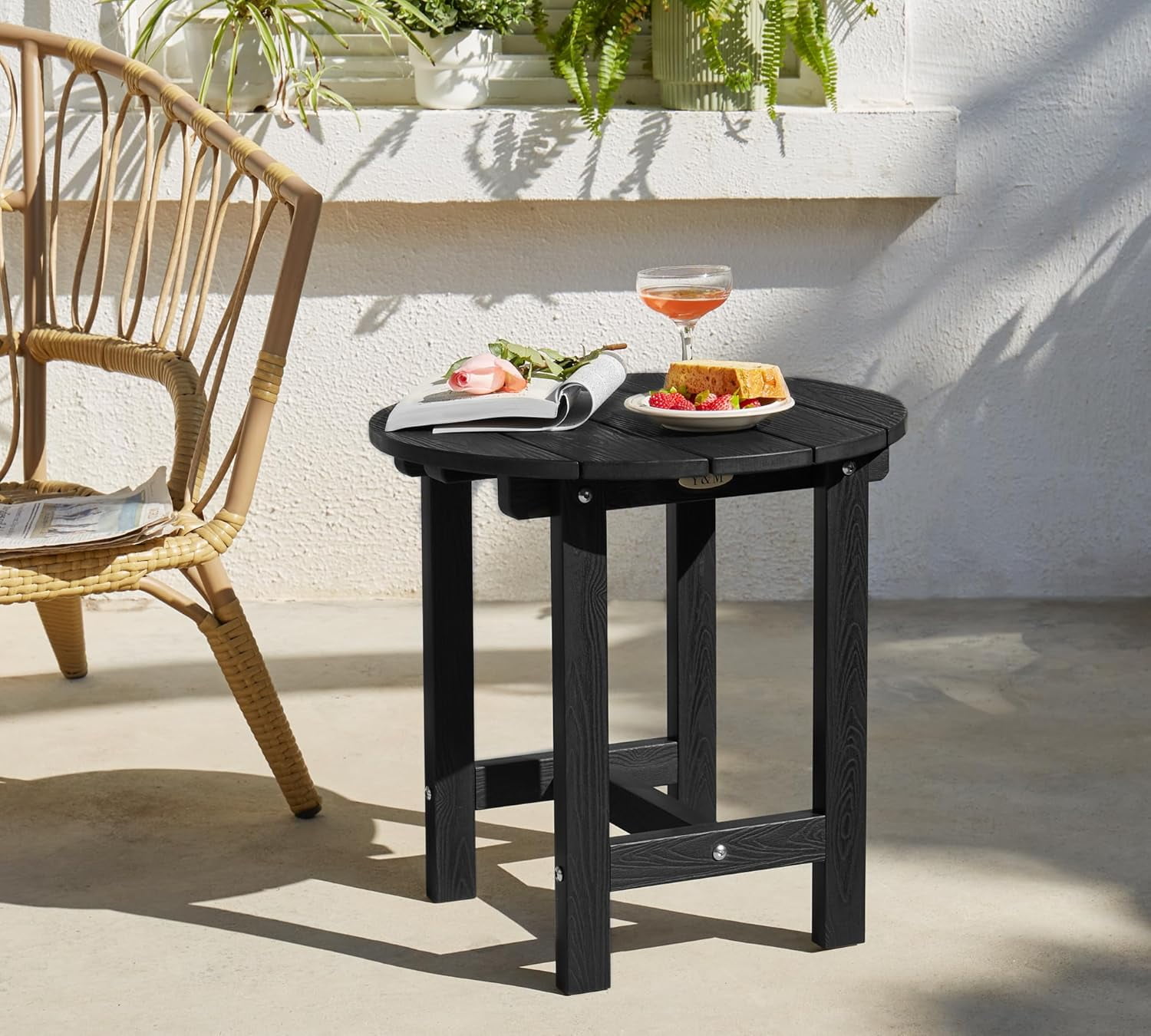Y&M Outdoor Side Table, Waterproof Four-Legged Round Entryway End Table, Single-Tier HIPS Modern Small Coffee Nightstand for Bedroom, Living Room, Patio, Indoor or Outdoor Use, Black