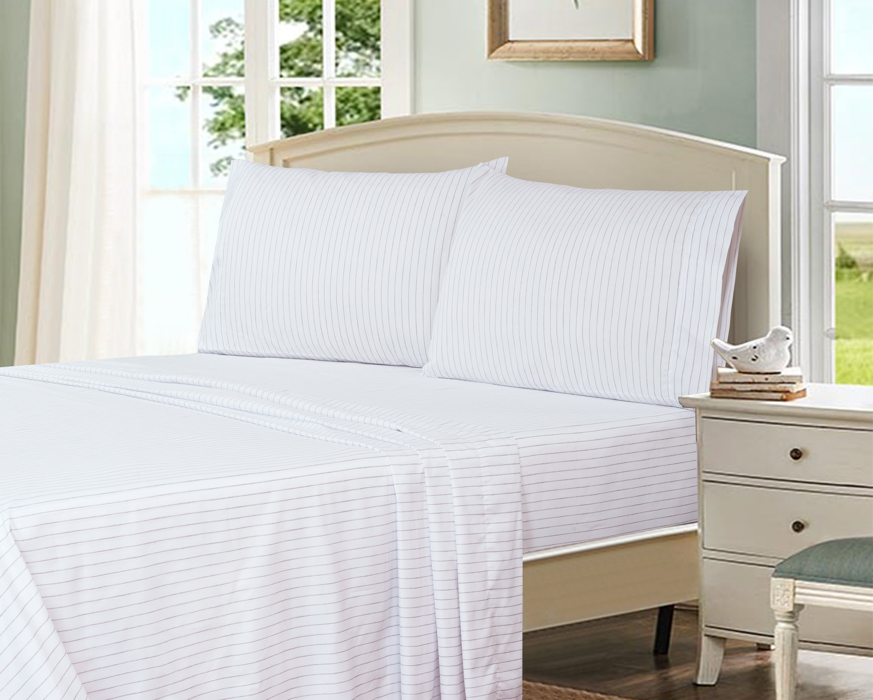 Mainstays Ultra Soft High Quality Microfiber Bed Sheet Set, Queen, Silver Stripe, 4pc
