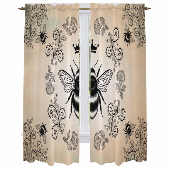Vintage Bees Crowns Kitchen Curtain for Berdoom Living Room Cafe 72 Inch Length, Rustic Leaves Rings Brown Gradient Tiers Curtains Light Filtering Drapes Window Treatment 2 Panels 52"Wx72"L