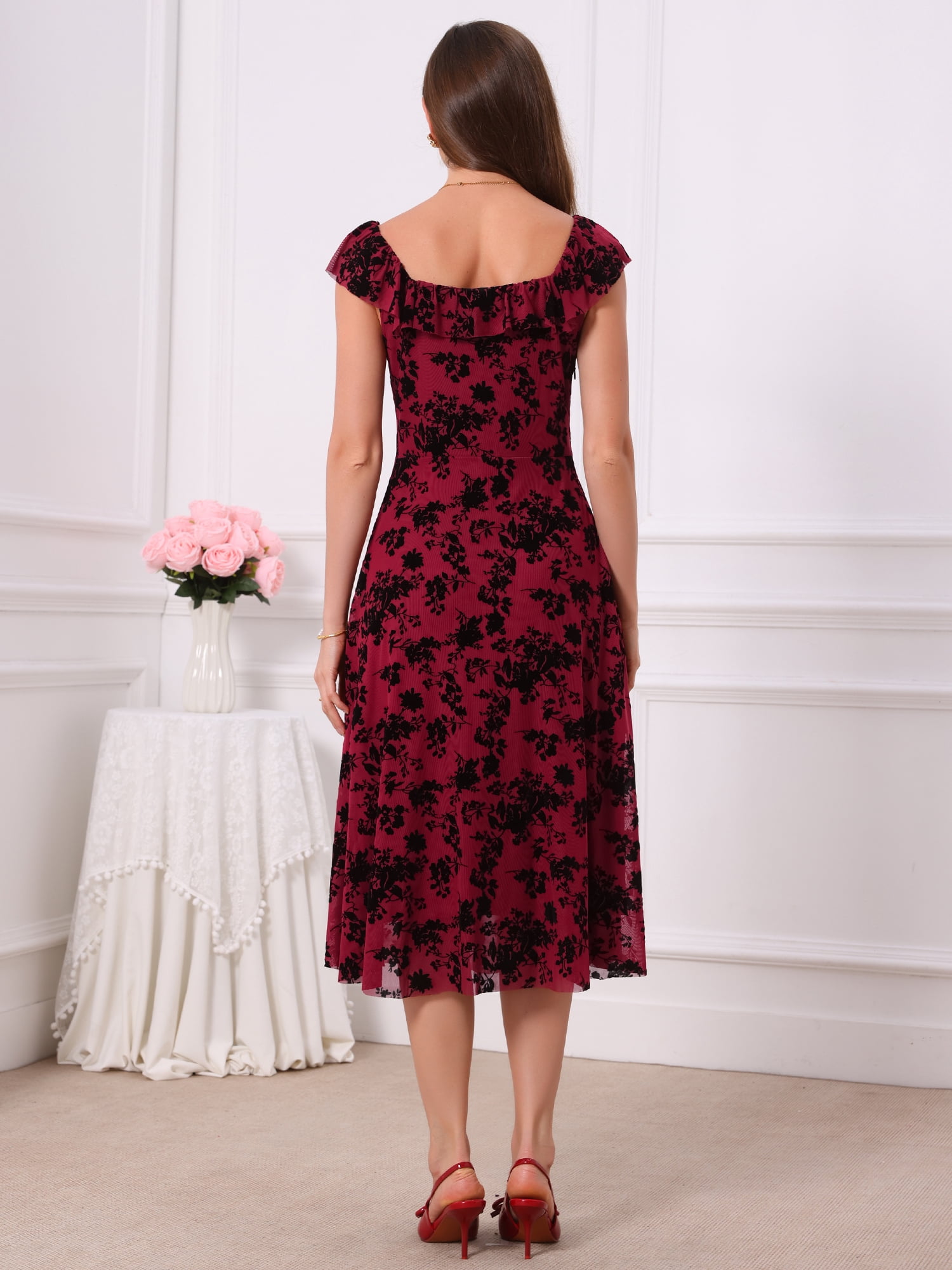 DARING DIVA Women's Gothic Sweetheart Neck Sleeveless Floral Dress XL Burgundy