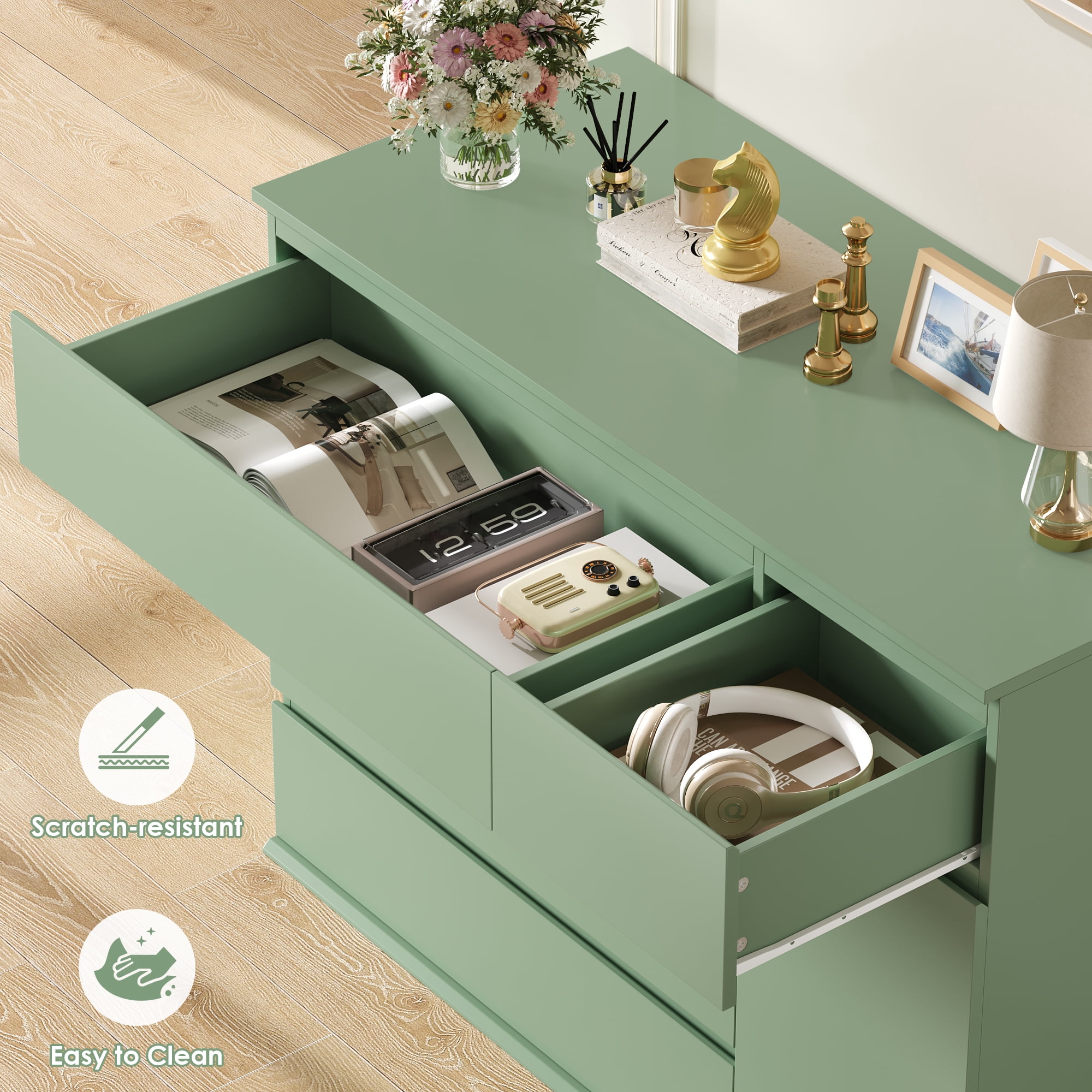 Homfa 5 Drawer Dresser with Door, Modern Accent Storage Cabinet Chests of Drawers for Bedroom Living Room, Green