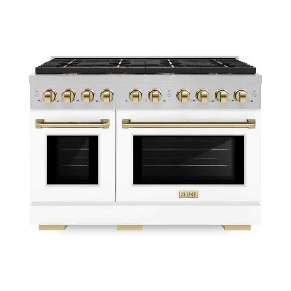 ZLINE Autograph Edition 48 in. 6.7 cu. ft. Paramount Double Oven Dual Fuel Range with 8 Burner Gas Cooktop in DuraSnow Stainless Steel with White Matte Doors and Polished Gold Accents (SDRSZ-WM-48-G)