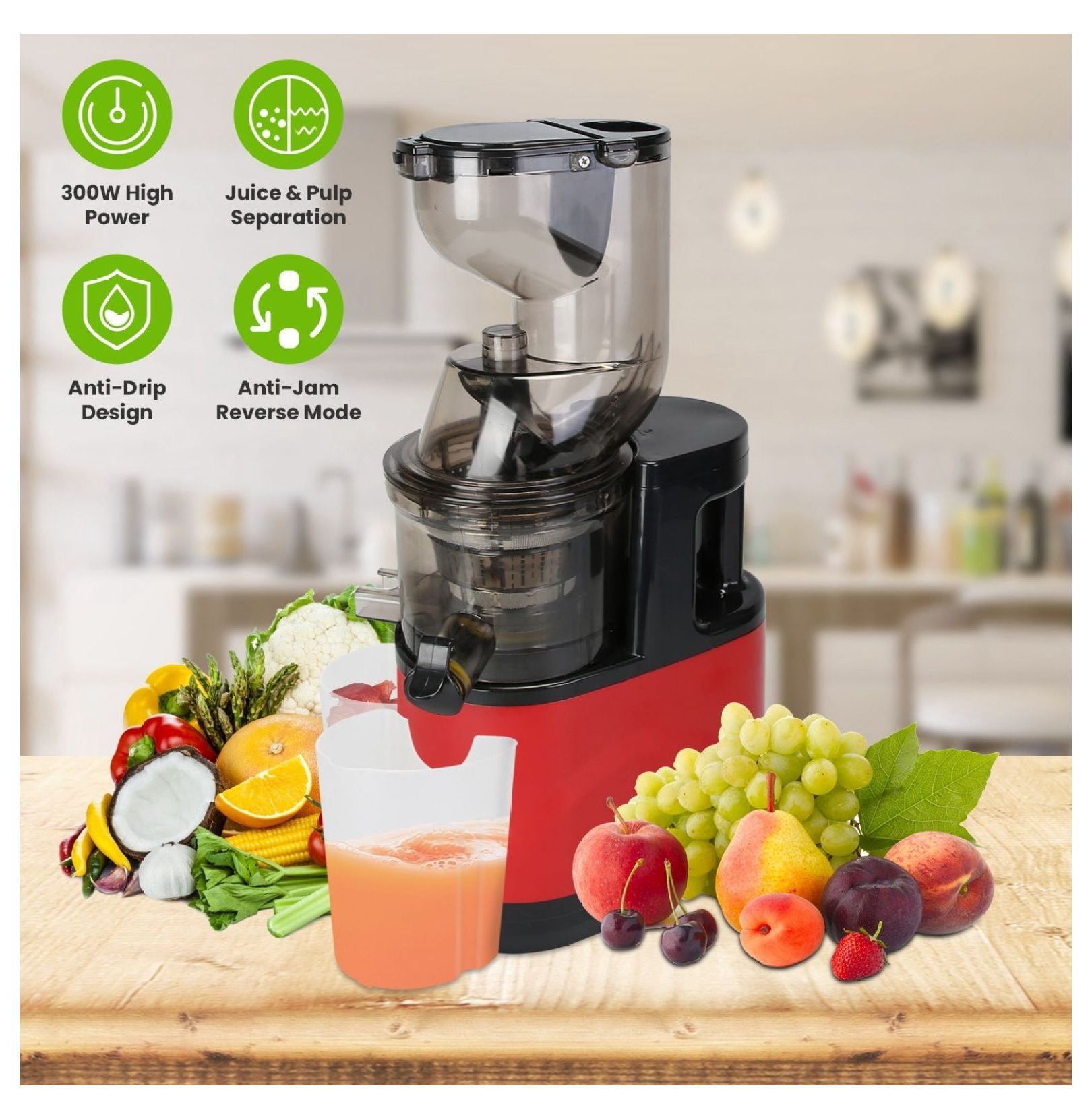 Cold Press Juicer Machine 300W Electric Slow Masticating Juicer for Whole Vegetable and Fruit with Reverse Function 2 Containers Cleaning Brush Clear Marks Easy Cleaning