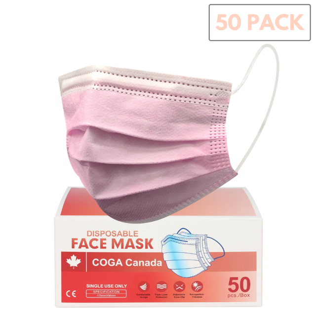 COGA Canada - Rose, Lot de 50, Masque Facial Jetable 3 Plis, Non Médical, Non Chirurgical