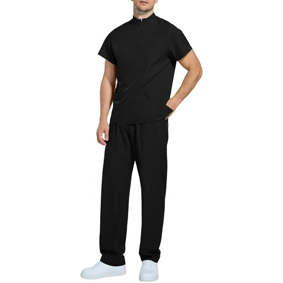 Scrubs for Men Set Nurse Uniform - Stretch V-Neck Scrubs Top & Jogger Pants Quick Drying Workwear with Pockets Black L