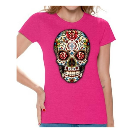 Awkward Styles Rose Eyes Skull Tshirt for Women Sugar Skull Roses Shirt Sugar Skull T Shirt Dia de los Muertos Outfit Day of the Dead Gifts Halloween Shirts Women's Skull Tshirt Red Rose Skull Shirt