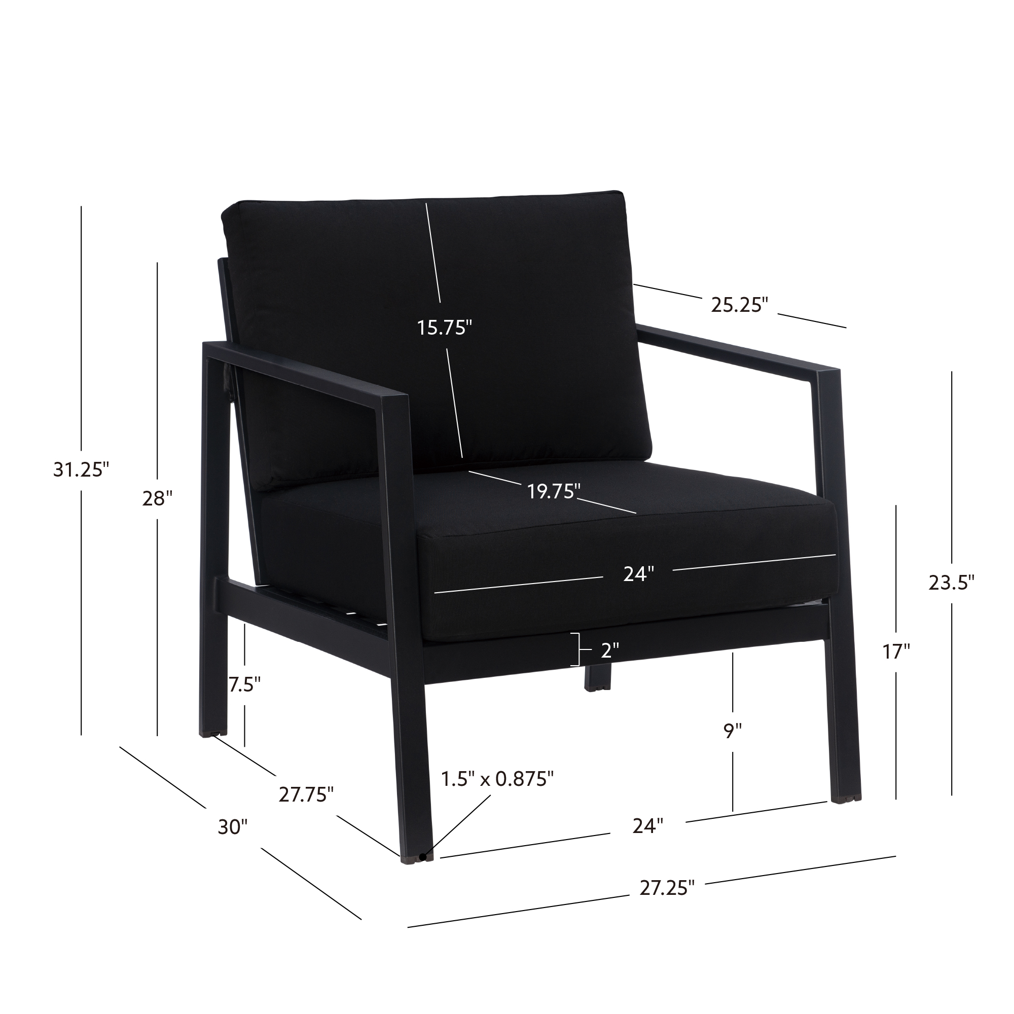 Linon Arlington Metal Outdoor Lounge Chair with Cusions, Black