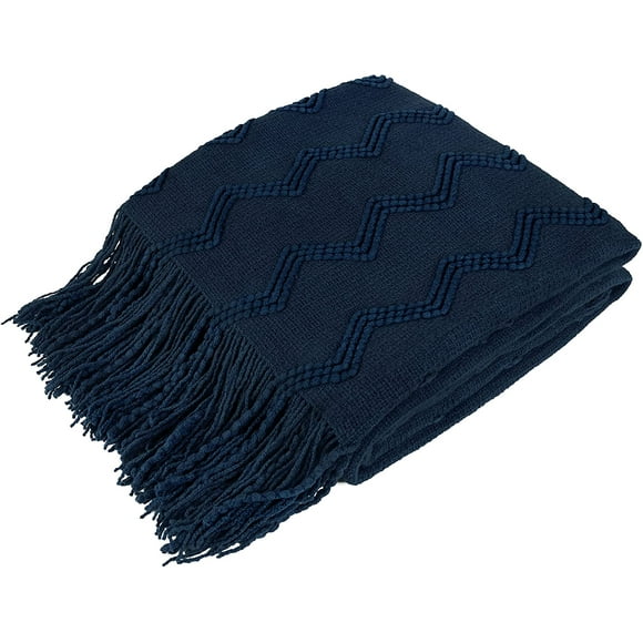 GFDYREE Navy Blue Knit Throw Twin Blanket for Couch, Soft Knitted Boho Farmhouse Home Decor Woven Blanket, Cozy Decorative Afghan Bed Sofa, Outdoor Summer Fall Gift, Lightweight, Dark Blue,