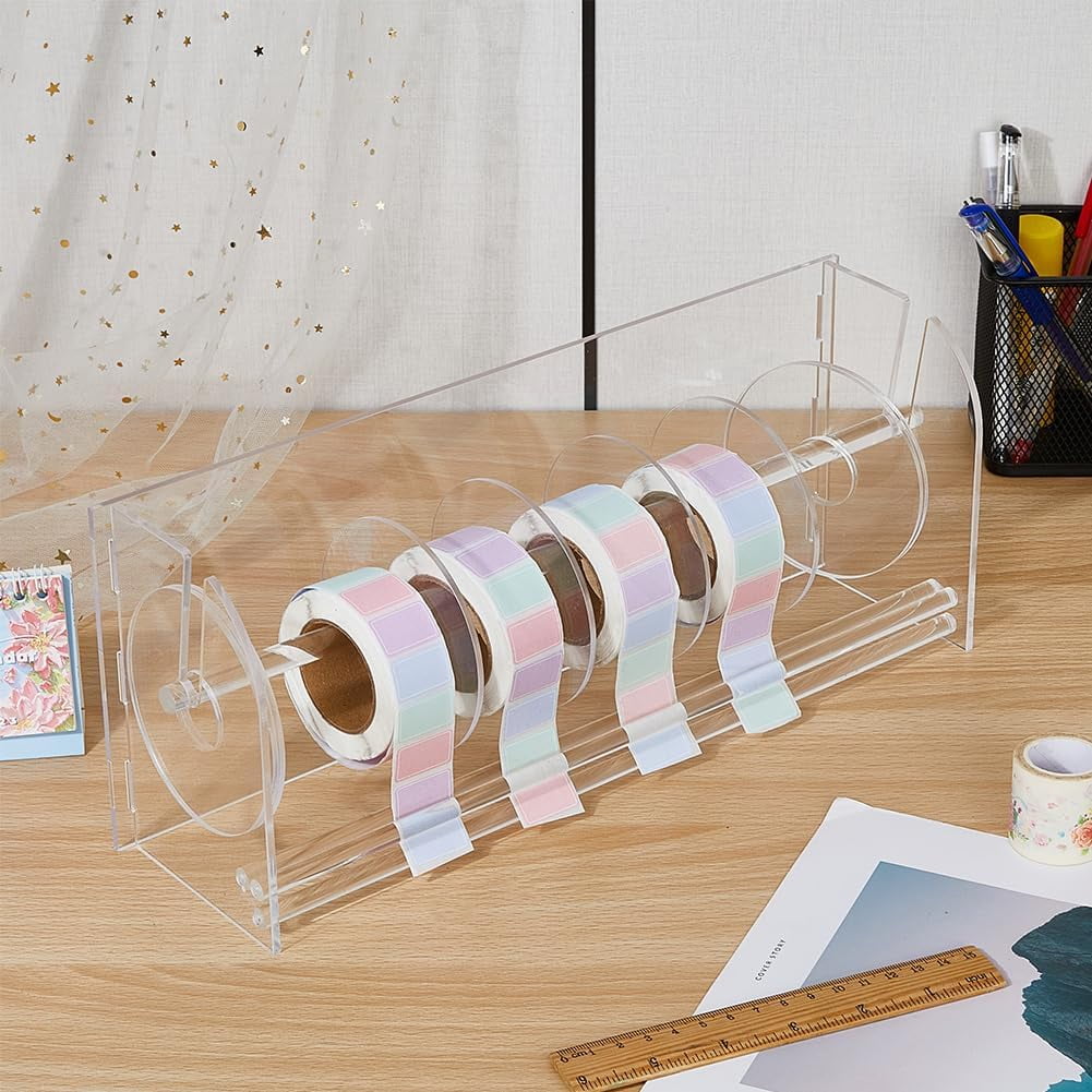 Acylic Label Dispenser Adjustable Sticker Roll Holder with 8 Disks Clear Label Roll Holder Tape Dispenser Acrylic Sticker Dispenser Roll Holder for Holding Sticker Label diy