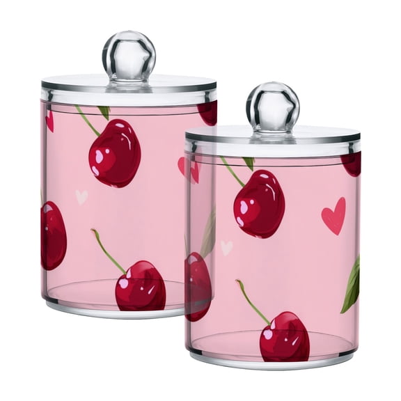 Valentine Cherries and Hearts Pattern Translucent Plastic Cans Storage Canisters with Lid Set of 2