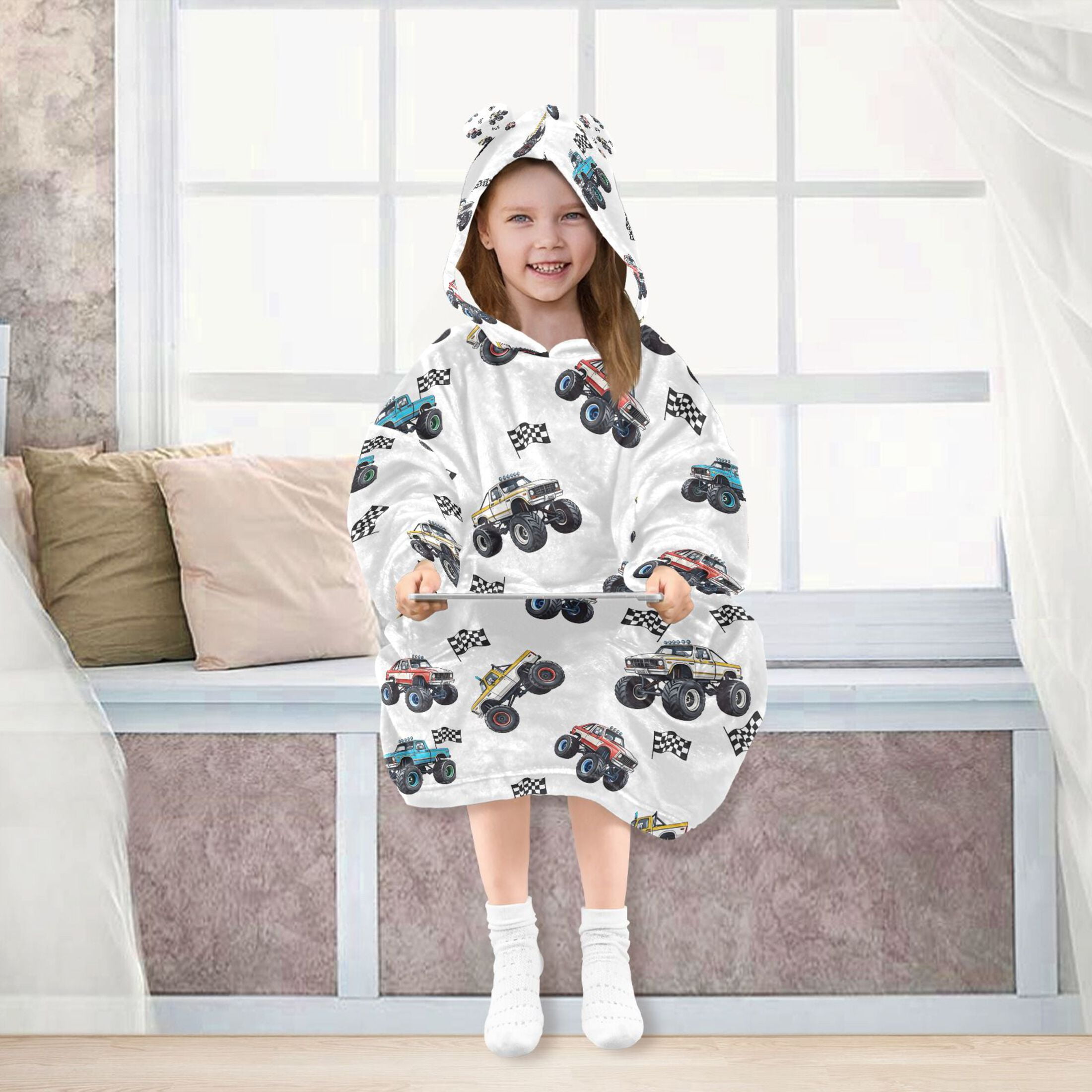 joogoo Wearable Blanket Hoodie for Car Trucks Cartoon Checkered Flag Flannel Sherpa Pocket 3-14 YR S