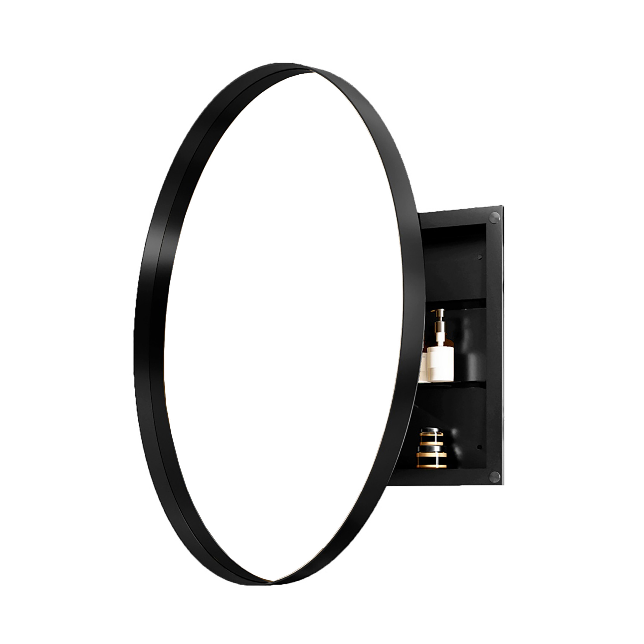 Noble House 31.5" Round Medicine Cabinet with Mirror, Metal Frame & Adjustable Glass Shelves for Bathroom, Matte Black