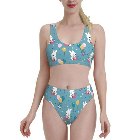 High Waisted Bikini Sets For Women  Cartoon Cute Rabbit Balloon Flower Two Piece Swimsuit Sporty Scoop Neck Bathing Suit