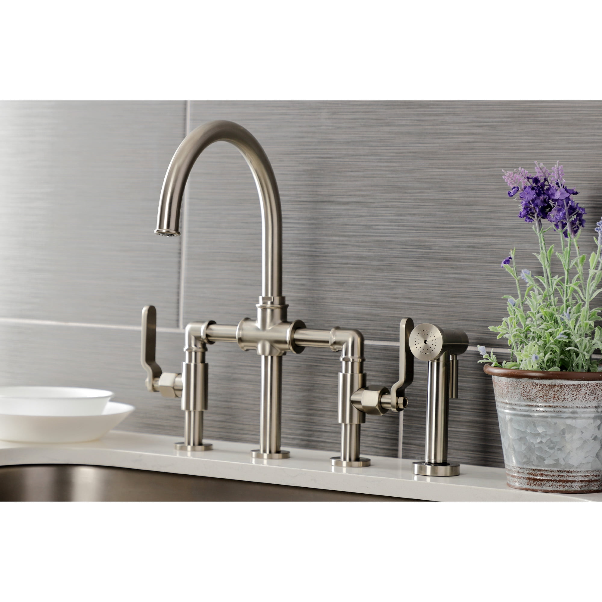 Kingston Brass KS2338KL Whitaker Two-Handle 4-Hole Deck Mount Industrial Style Bridge Kitchen Faucet with Brass Side Sprayer in Brushed Nickel